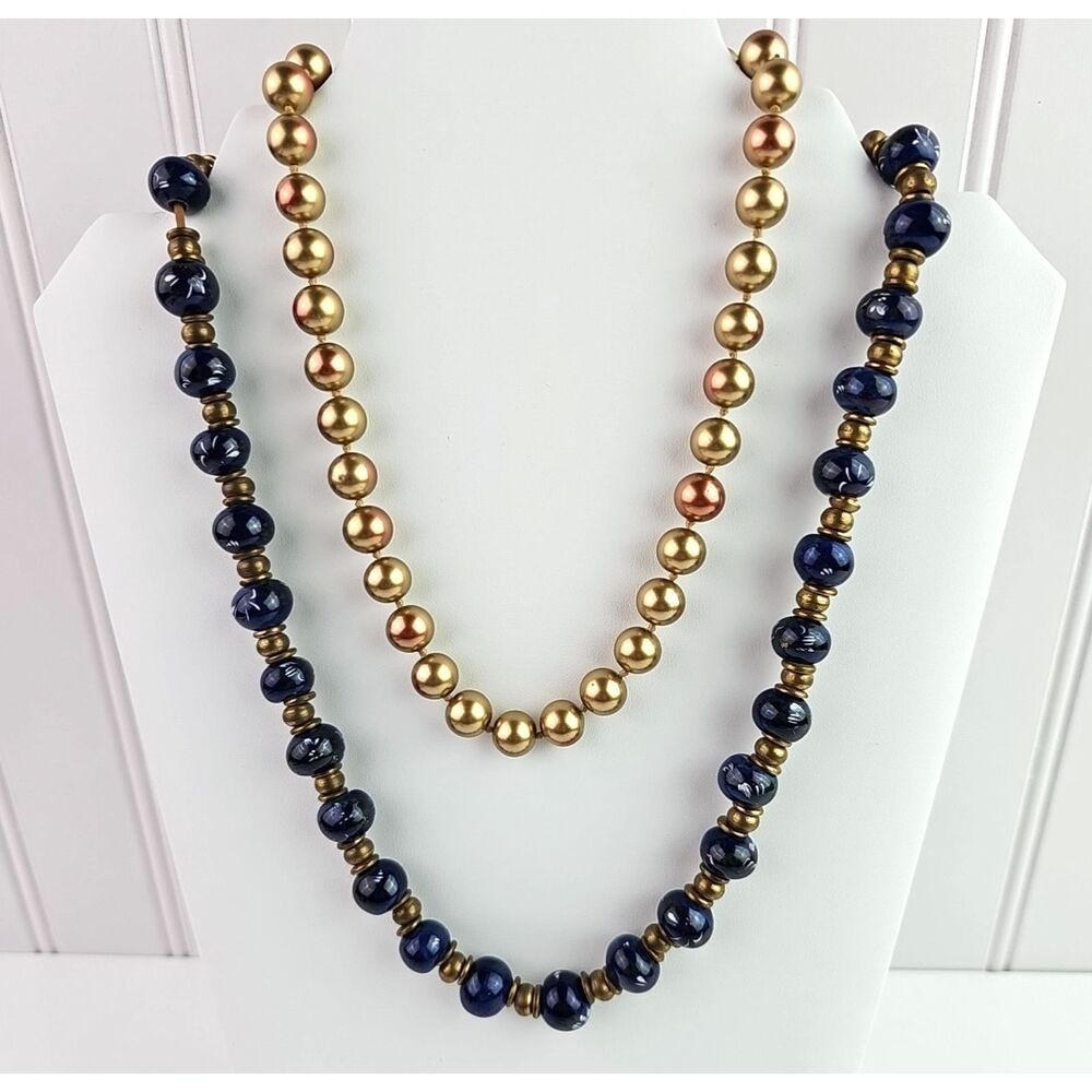 Vintage Blue Hand Painted Necklace Glass Bead 20 in and Gold Tone 15 in Set of 2